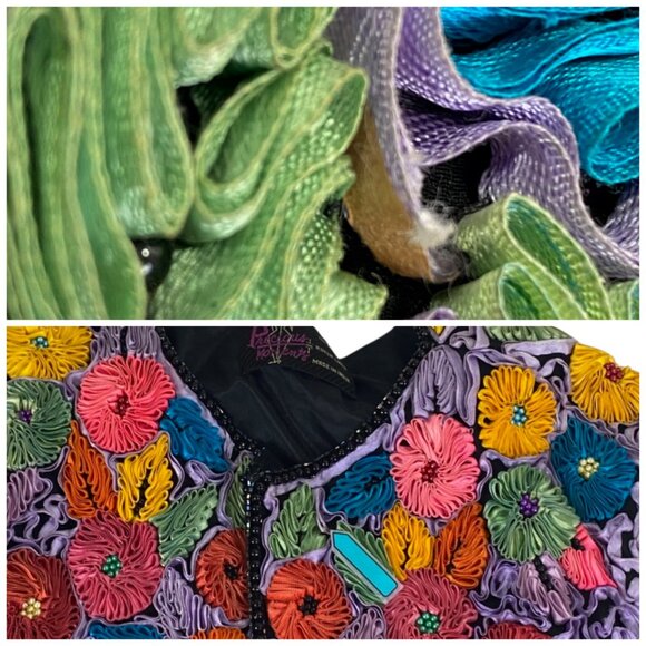 Vtg Precious Moments Floral Silk Jacket | M/L | Applique Beaded | Art to Wear - Picture 6 of 13